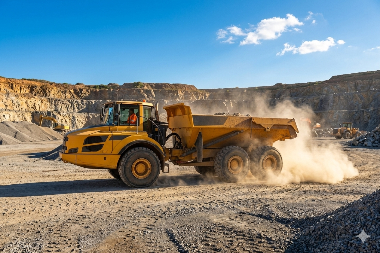 Articulated dump truck on rough terrain